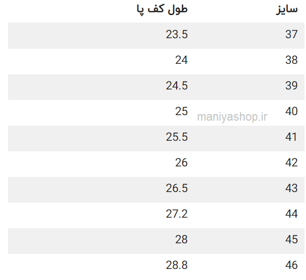 جدول سایز کفش زنانه دخترانه